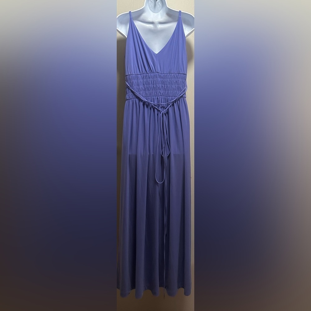 ✨💜White House Black Market WHBM Purple PeriwinkleV-Neck Ruched Maxi Dress Size M - Picture 13 of 16